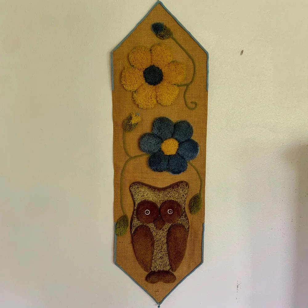 Owl Wall Hanging Vintage Punch‎ Needle Tufted Yarn Burlap Boho 70s Art 42x13